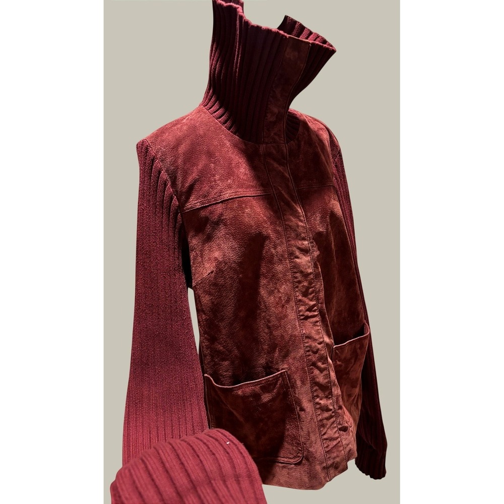 vtg Y2K funnel neck maroon Suede Ribbed Knit Mixed Media Jacket Large